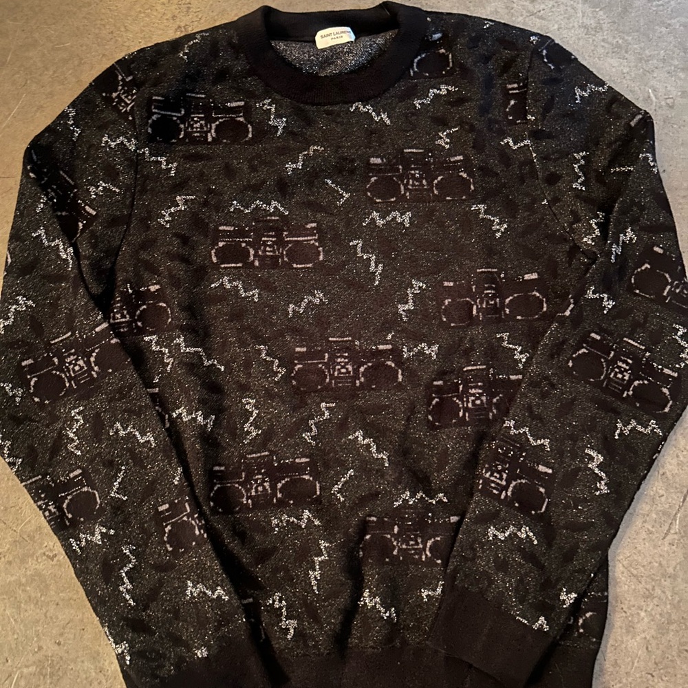 Saint Laurent Black Crewneck Sweater w/ Radio Pattern in Silver Thread SZ Small